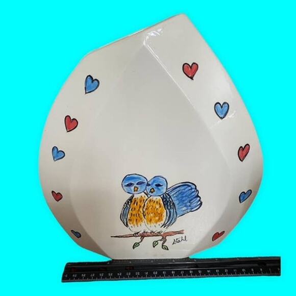 Vtg Bluebird Vase signed Stahl Ceramic White Vase Hand Decorated MCM - Picture 7 of 9